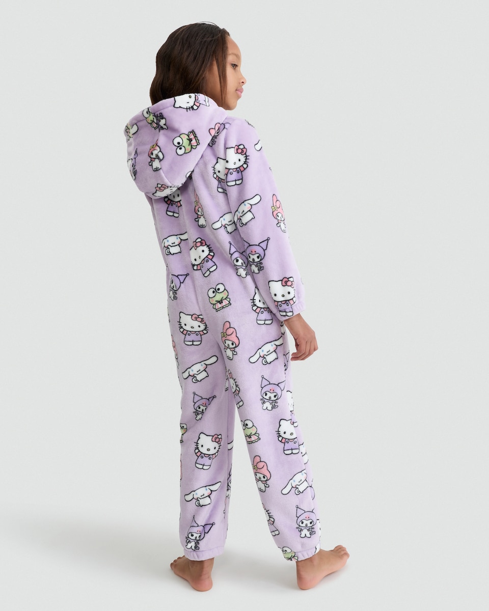 image 1 of Hello Kitty Fleece Hooded Onesie in Pink