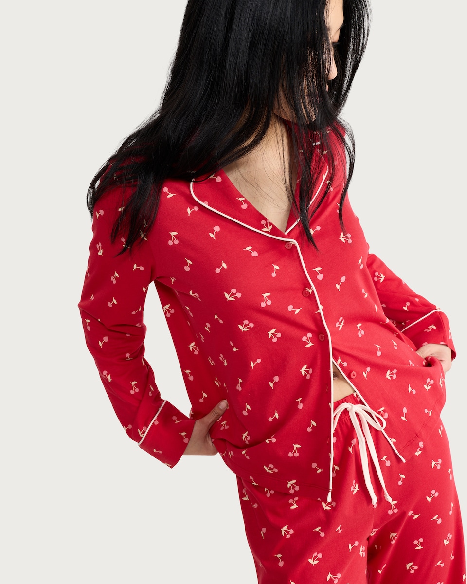 image 1 of F&F Pure Cotton Cherry Print Revere Pyjama Set in Multi Red