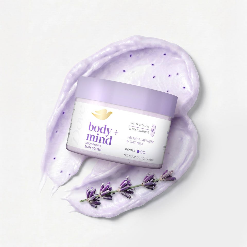 image 1 of Dove Body + Mind French Lavender & Oat Milk Bath Scrub 295ml