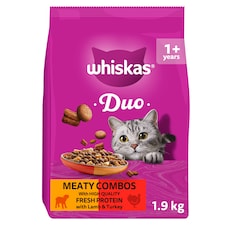 WHISKAS 1+ Complete Dry Cat Food DUO Meaty Combos 1.9kg