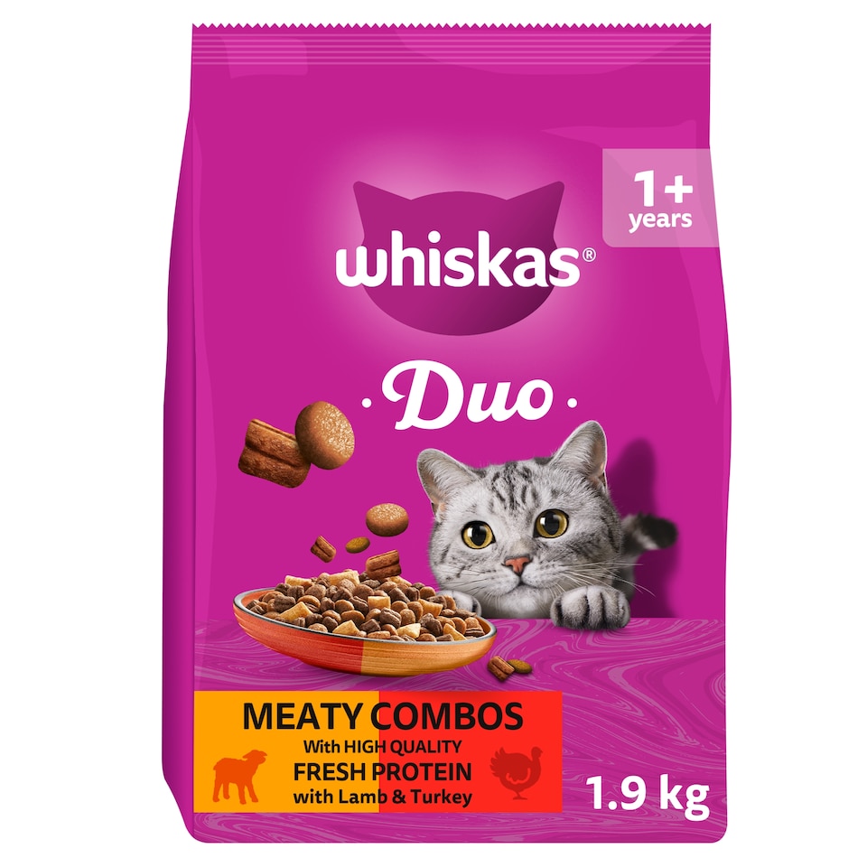 image 1 of WHISKAS 1+ Complete Dry Cat Food DUO Meaty Combos 1.9kg