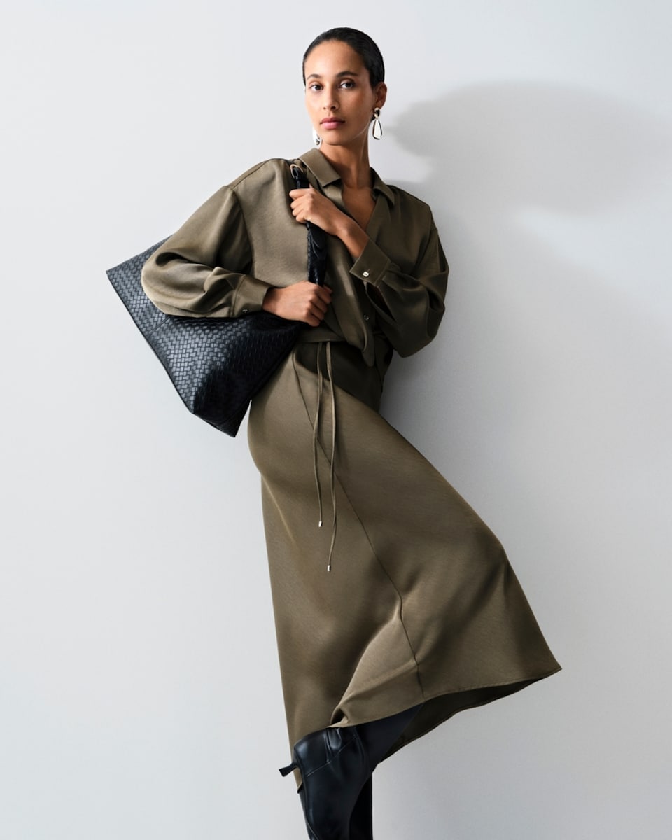 image 1 of F&F Tie Detail Midi Skirt in Khaki