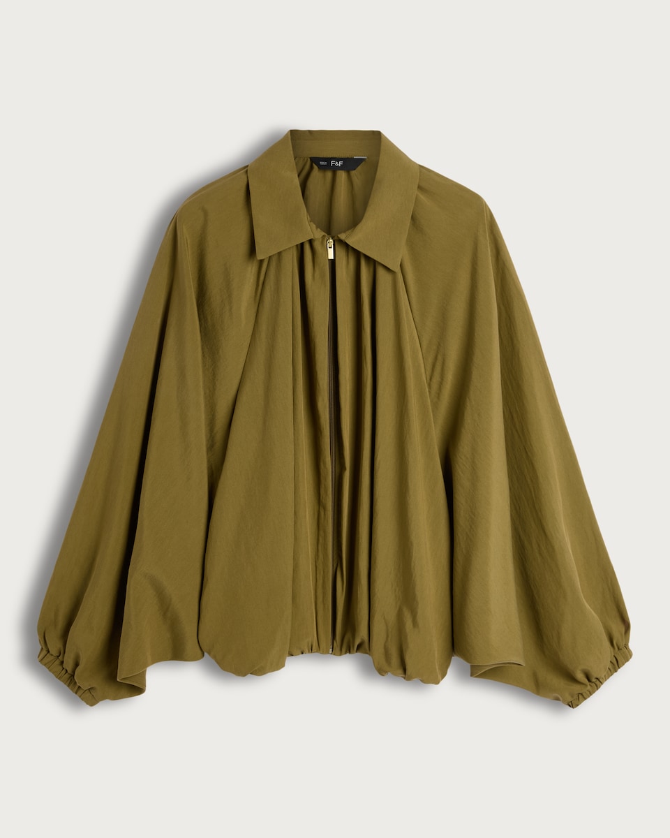 image 1 of F&F Bubble Hem Zip Up Blouse in Khaki