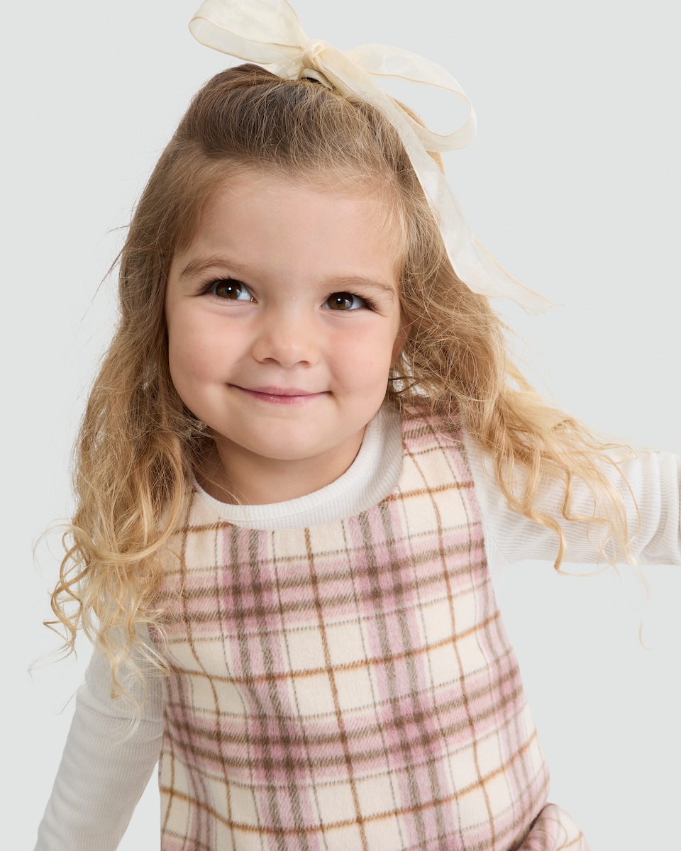 image 1 of F&F Girls 3-Piece Check Print Pinafore, Top and Tights Set in Pink