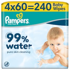 Pampers 99% Water Baby Wet Wipes, 4 Packs of 60 Wipes = 240 Baby Wet Wipes