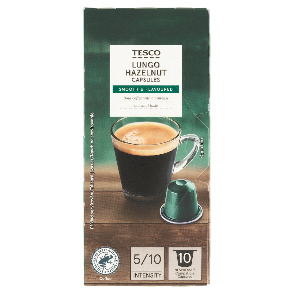 Tesco Lungo Roasted Ground Coffee in Capsules with Hazelnut Flavour 10 pcs 54g