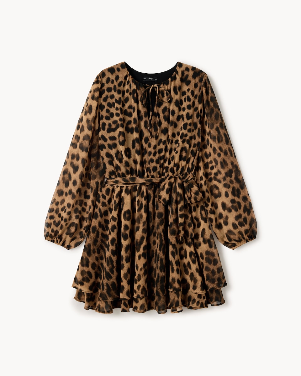 image 1 of F&F Leopard Print Tie Neck Mini Dress in Multi Brown