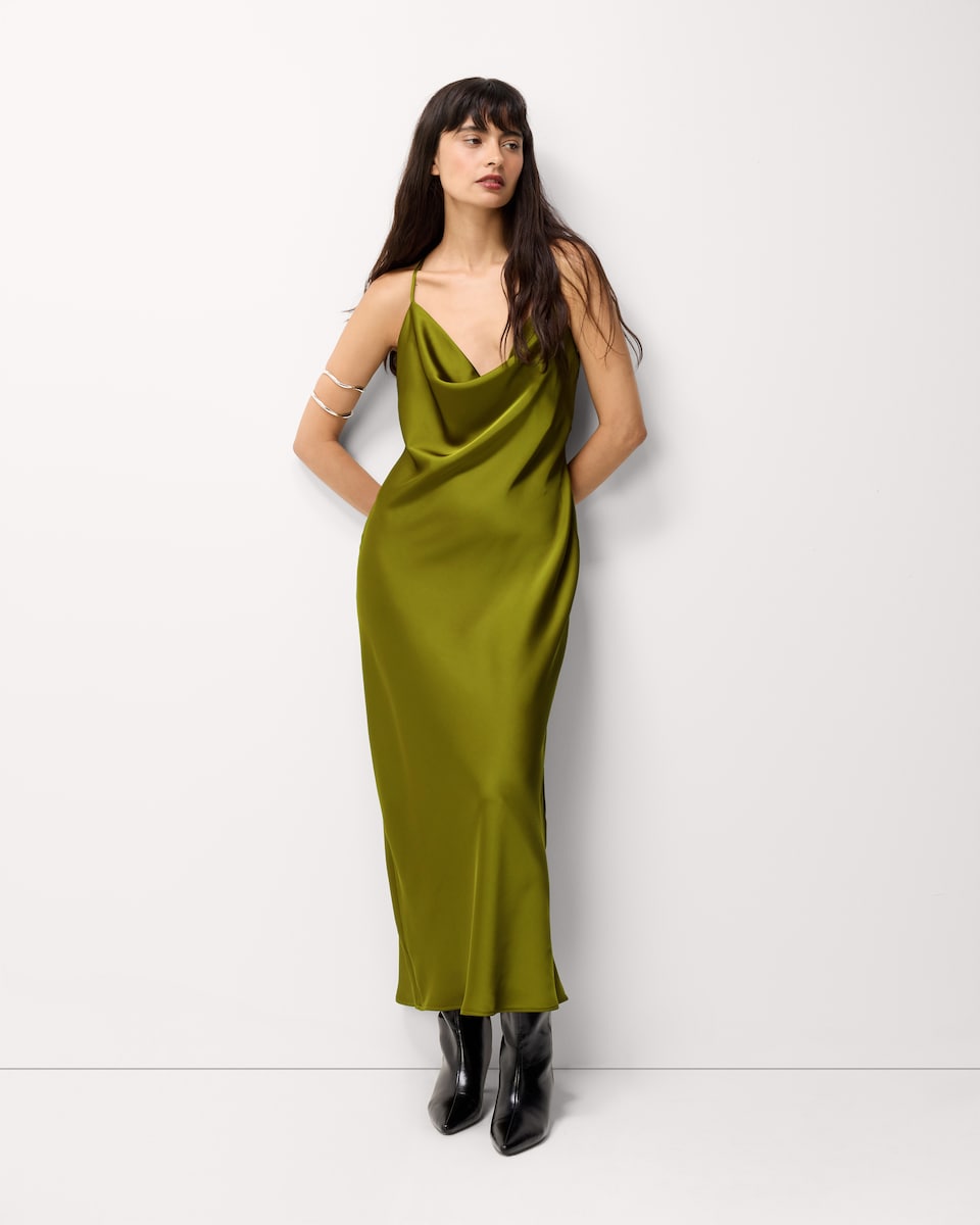 image 1 of F&F Satin Cowl Neck Midi Dress in Olive