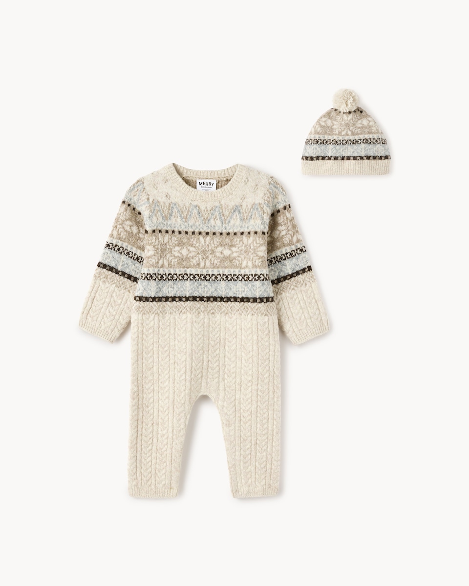 image 1 of Christmas Baby Fair Isle Matching Family Romper and Hat Set in Multi
