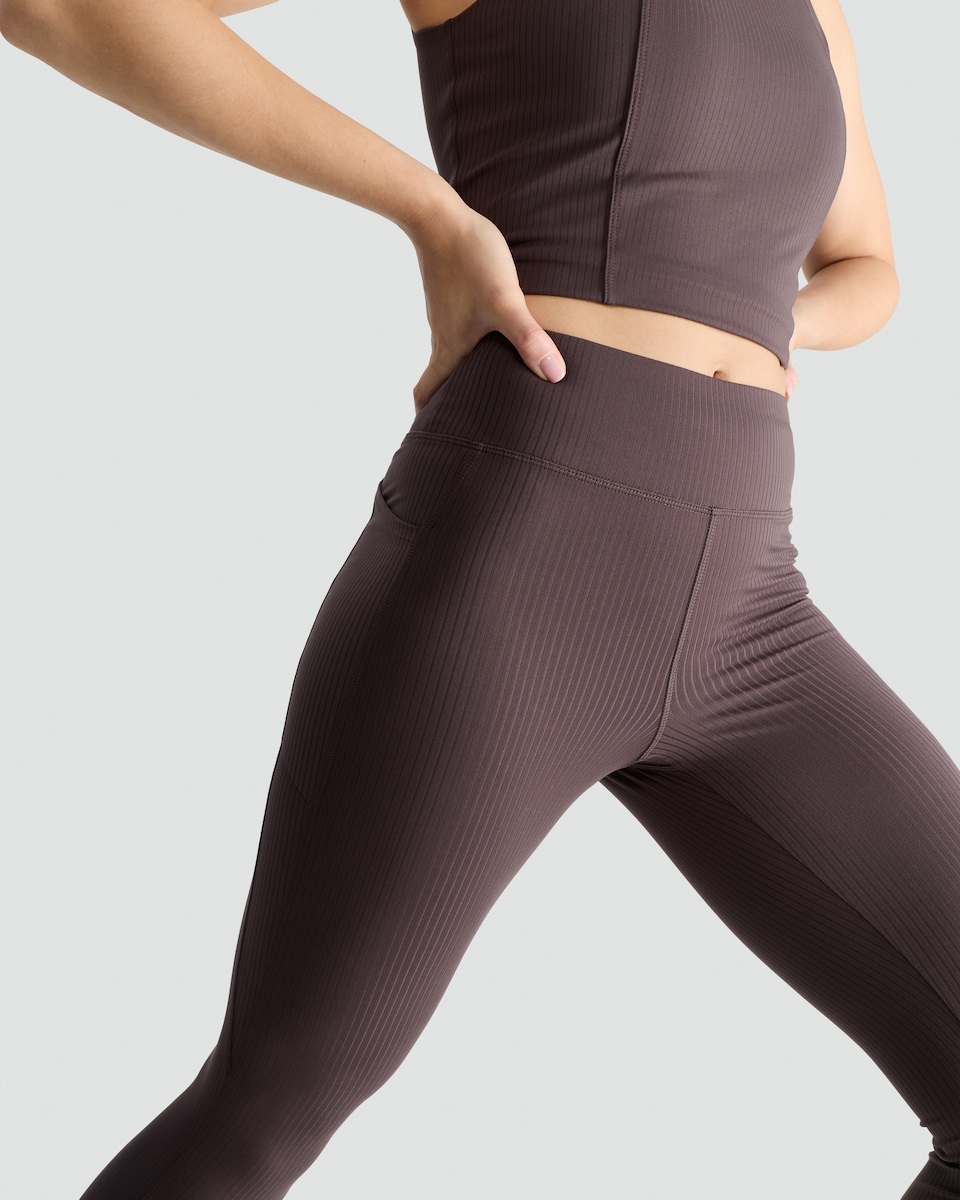 image 1 of F&F Active Ribbed High Waisted Co-ord Leggings in Brown