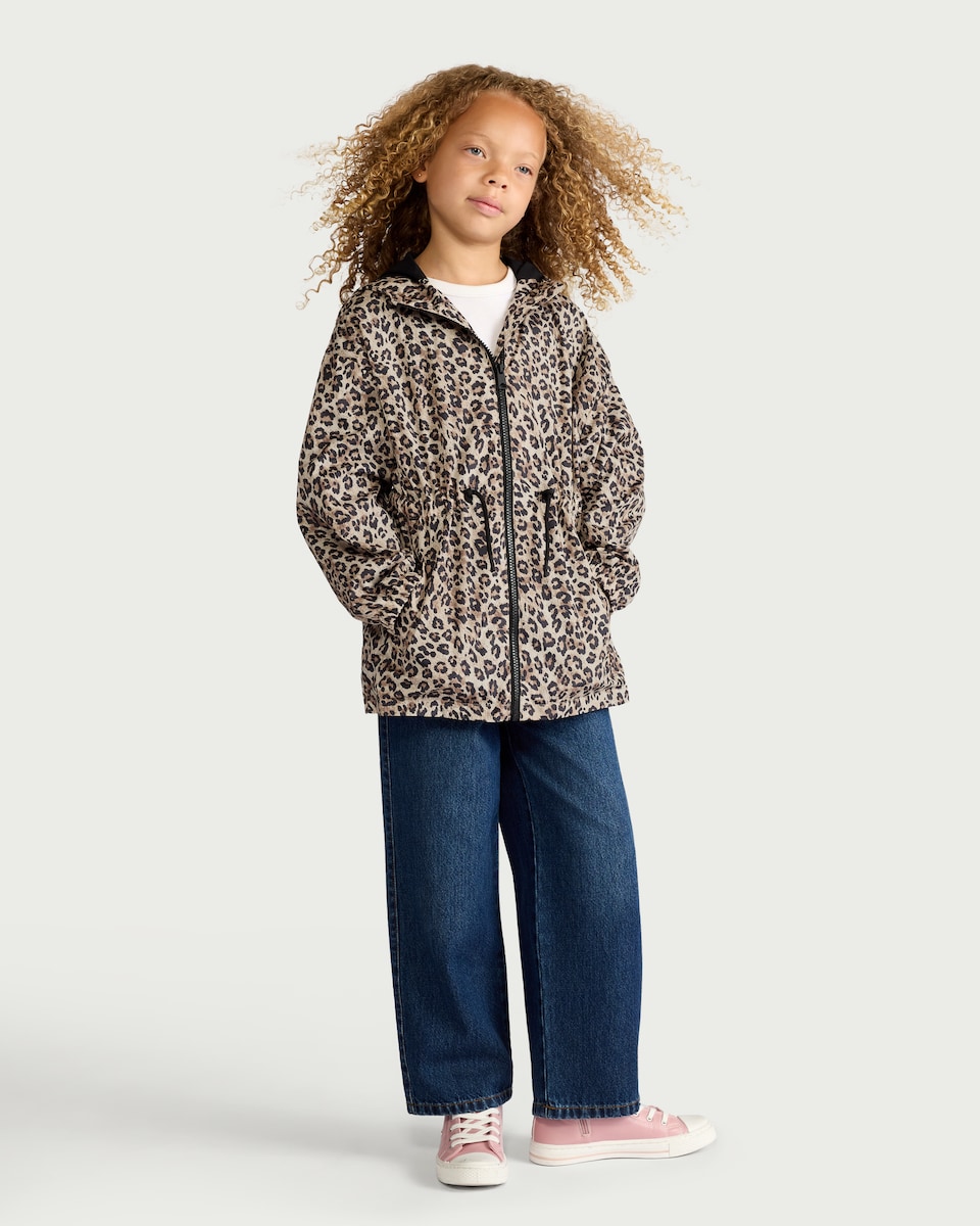 image 1 of F&F Girls Leopard Print Cinched Waist Raincoat in Multi Brown