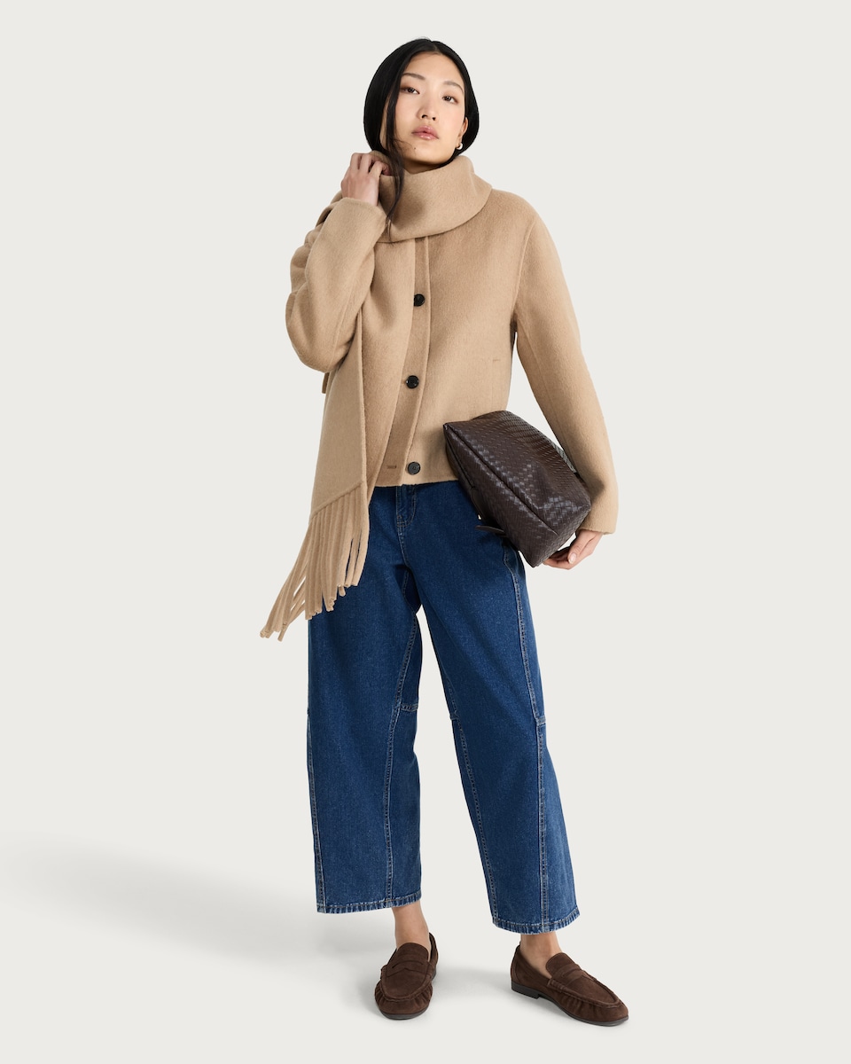 image 1 of The F&F Edit Fringed Scarf Coat with Wool in Med Nude