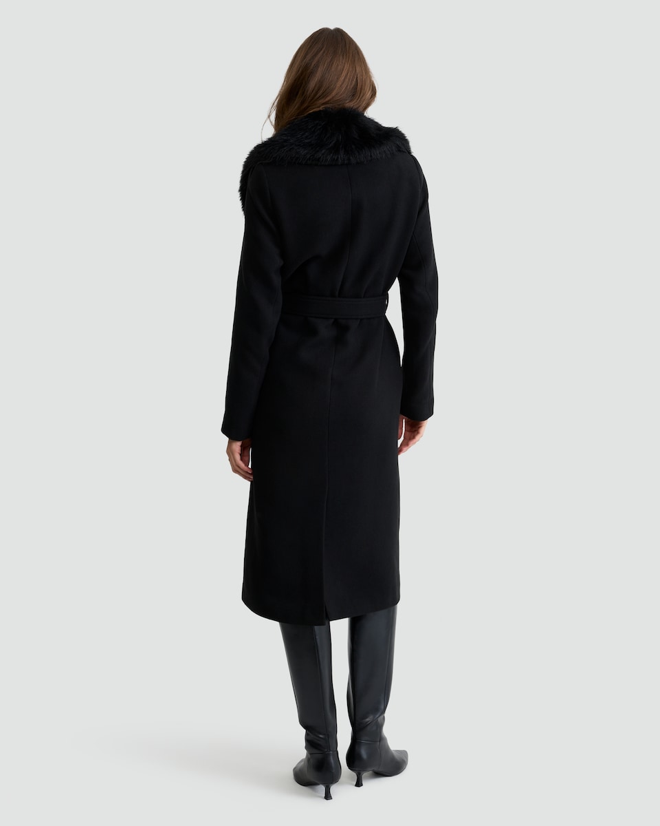 image 1 of F&F Faux Fur Collar Belted Formal Coat in Black