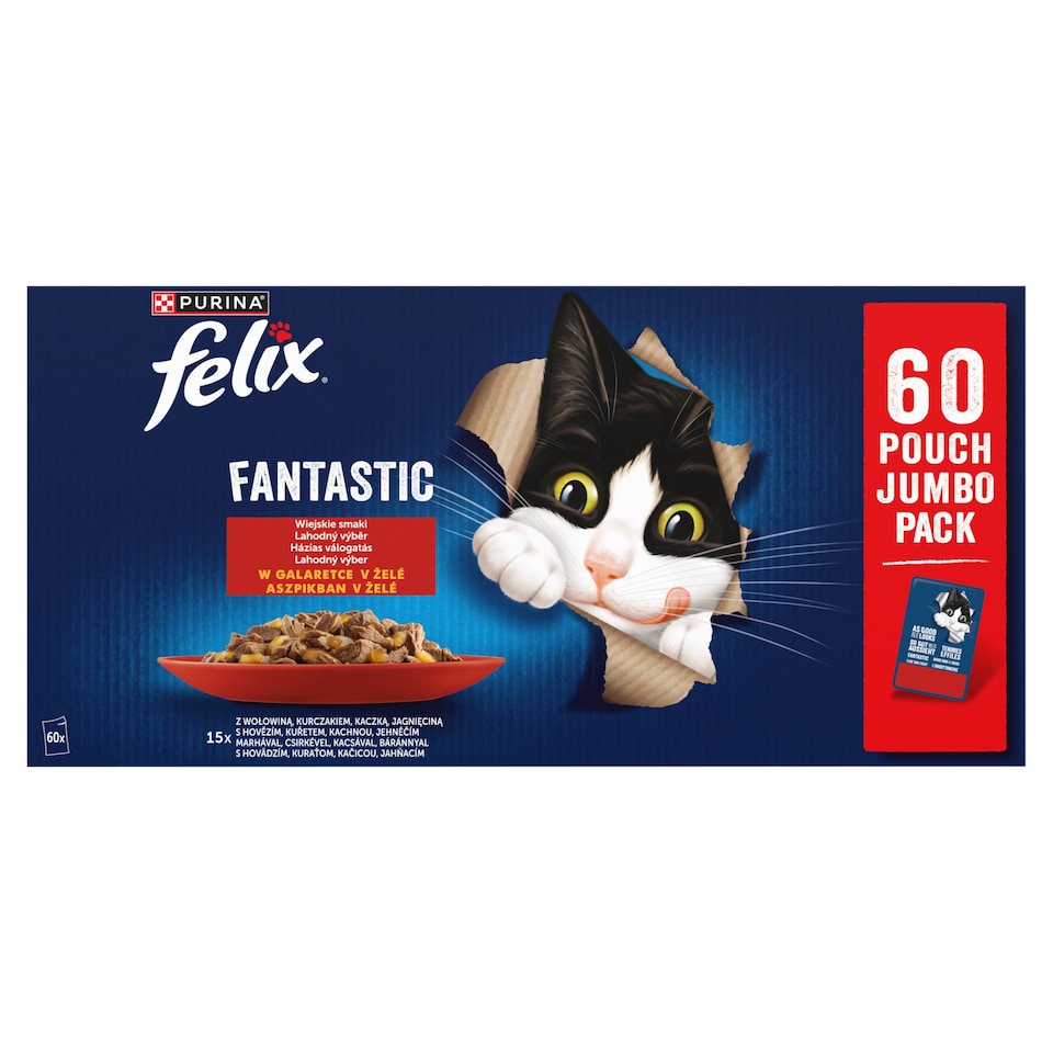 Felix Fantastic kapsičky pro kočky hovězí, kuře, kachna, jehněčí v želé 60 x 85g 