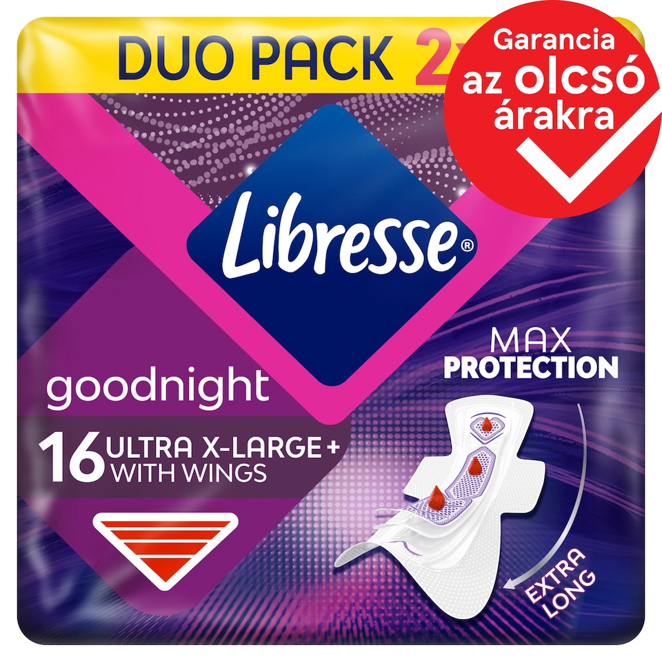 Libresse Ultra+ X-Large Goodnight szárnyas egészségügyi betét, éjszakai használatra 16 db 1. kép