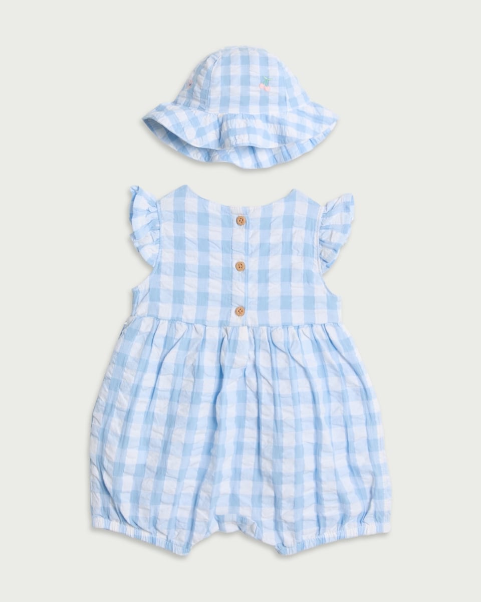 image 1 of F&F Baby 2-Piece Pure Cotton Gingham Romper and Hat Set in Blue