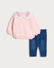 image 1 of F&F Baby 2-Piece Cotton Rich Embroidered Sweatshirt and Denim Leggings Set  in Pink