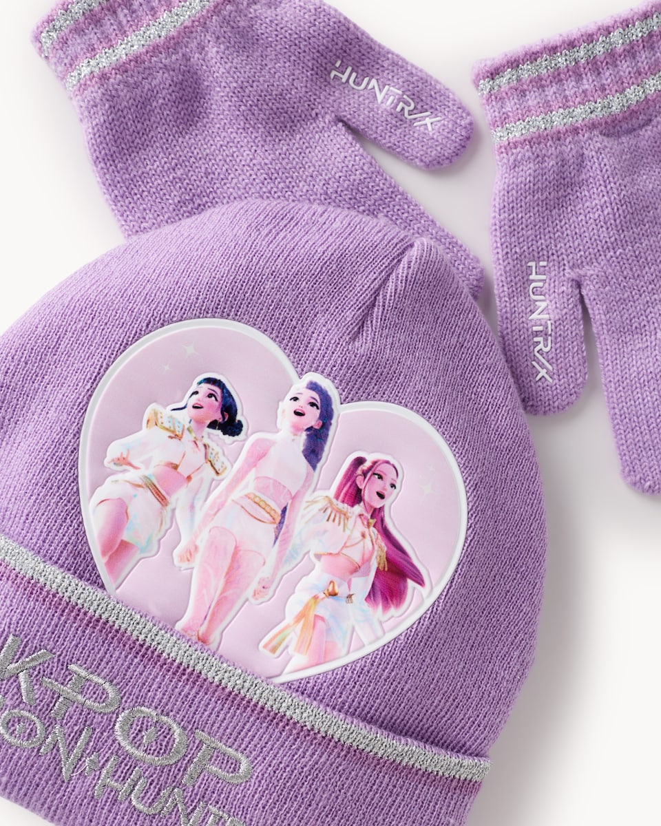 image 1 of K-Pop Demon Hunters 2-Piece Knitted Hat and Gloves Set in Lilac
