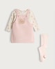 image 1 of F&F Baby 3-Piece Cotton Rich Bear Embroidered Cord Pinny and Bodysuit Set in Pink