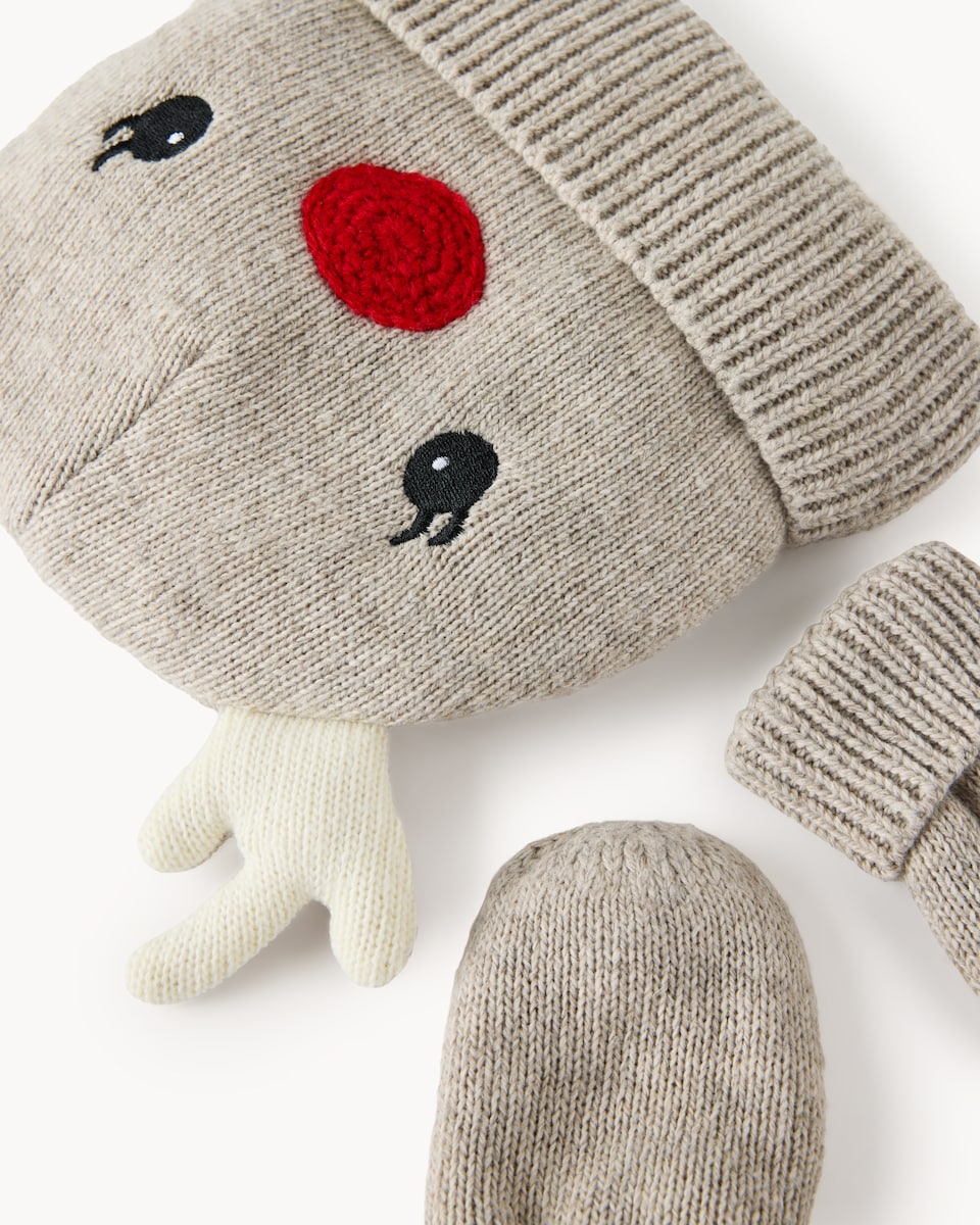 image 1 of Christmas Baby Knitted Reindeer Hat and Mittens Set in Neutral