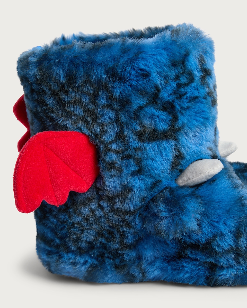 image 1 of F&F Boys Fleece Dino Monster Boot Slippers in Blue
