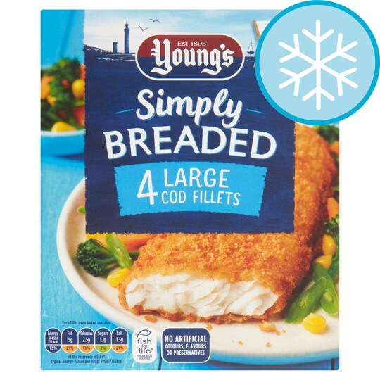 Youngs Simply Breaded 4 Large Cod Fillets 440G Tesco Groceries