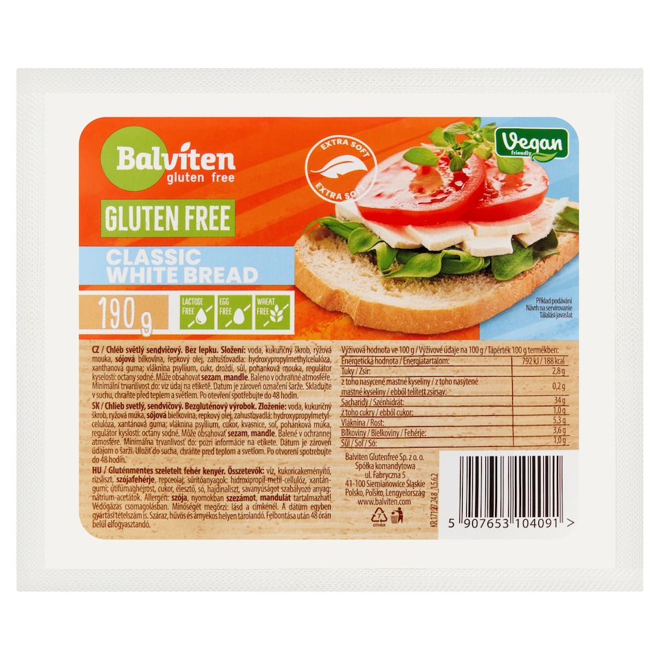 image 1 of Balviten Gluten-Free Vegan Sliced White Bread 190 g