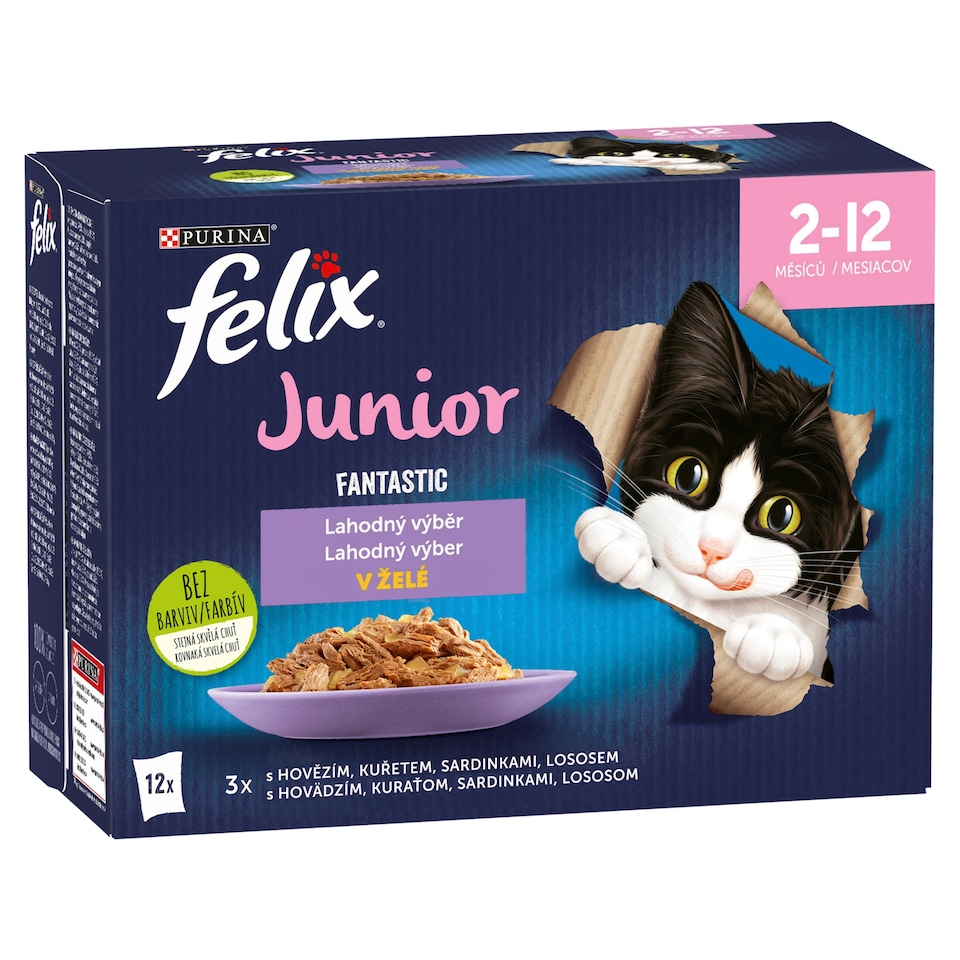 Felix Fantastic Junior kapsičky pro koťata hovězí, kuře, sardinky, losos v želé 12 x 85g