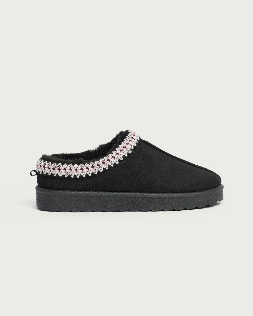 image 1 of F&F Girls Faux Fur Lined Embroidered Mule Slippers in Black