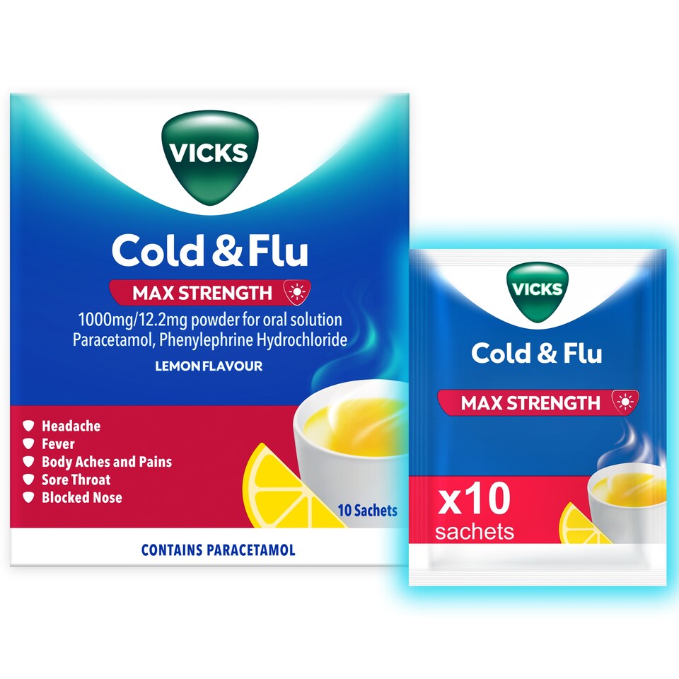 Vicks Cold & Flu Max Strength Lemon Flavour 10 sachets