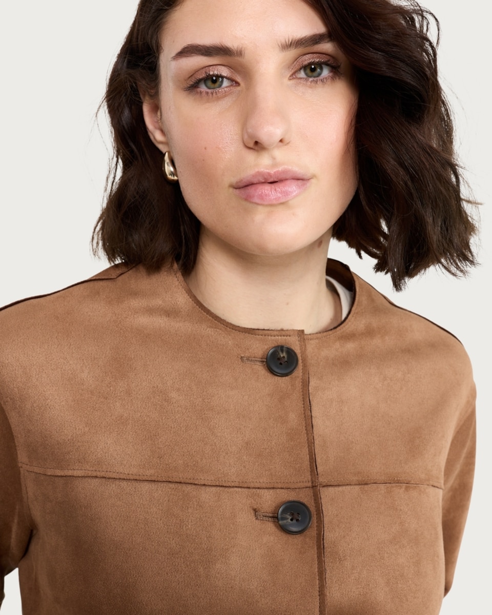 image 1 of F&F Faux Suede Collarless Cropped Jacket in Brown