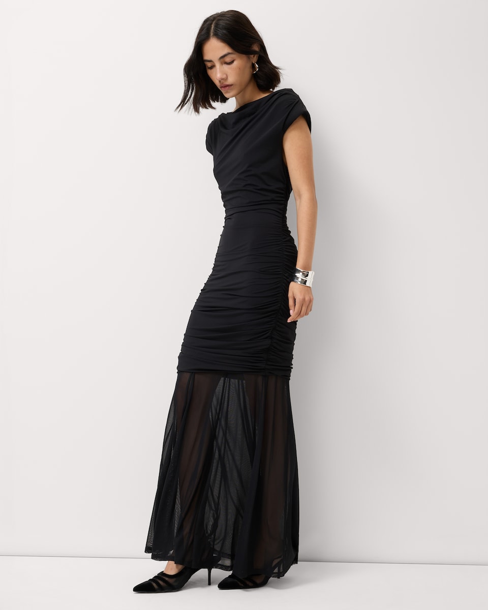image 1 of F&F Mesh Cowl Neck Ruched Midi Dress in Black