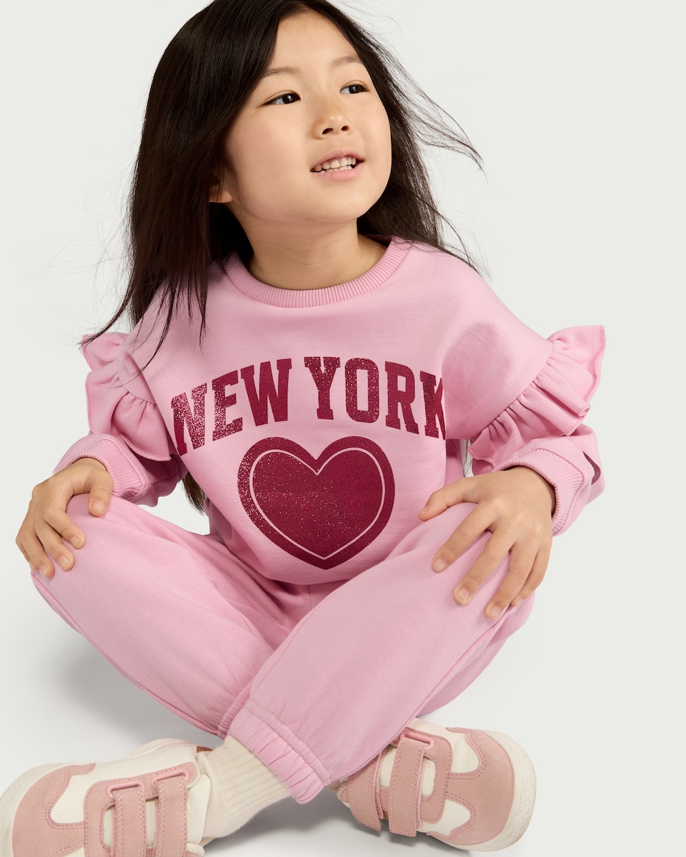 image 1 of F&F Girls Cotton Rich New York Sweatshirt in Pink
