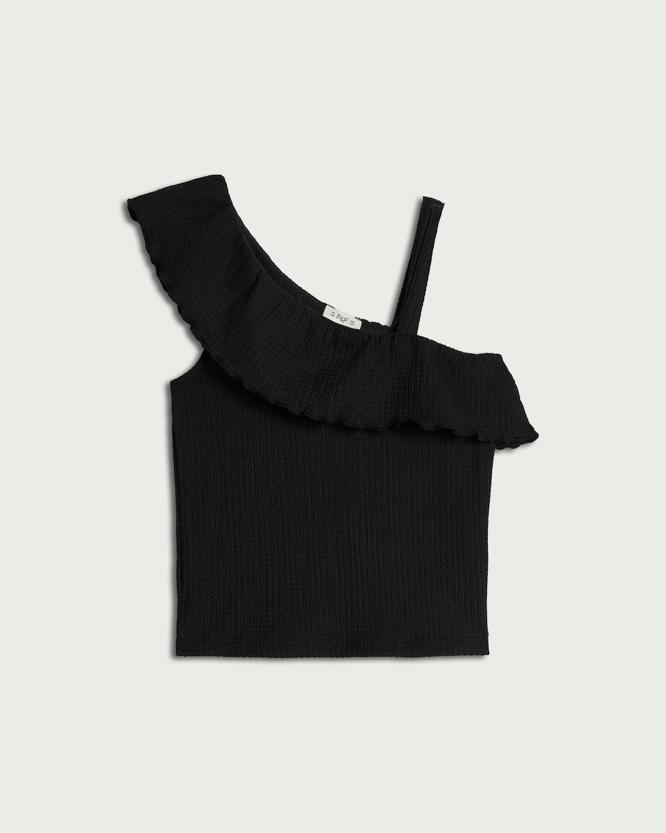 image 1 of F&F Girls Textured One Shoulder Top in Black