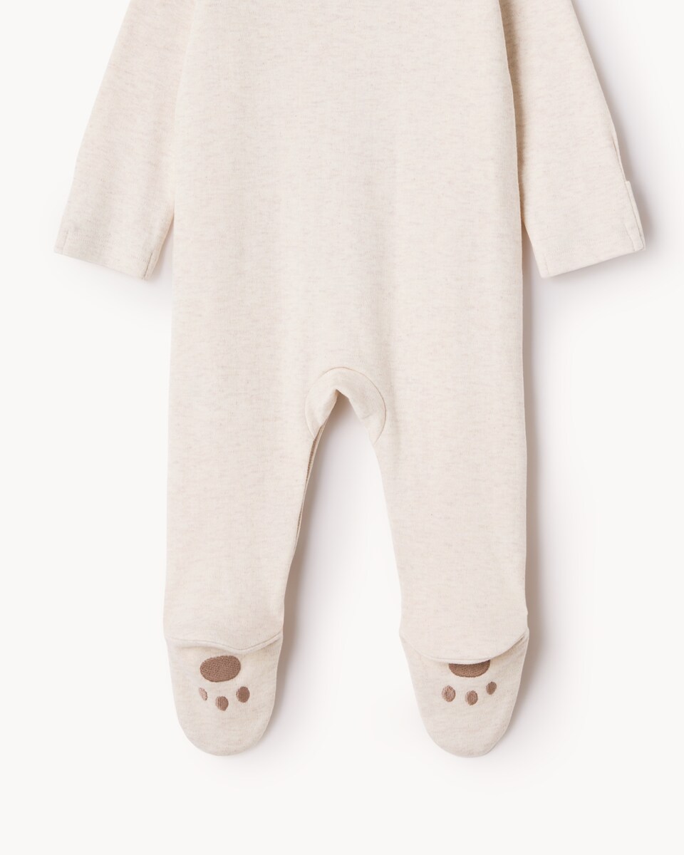 image 1 of F&F Baby 2-Piece Cotton Rich Bear Embroidered Sleepsuit and Hat Set in Neutral