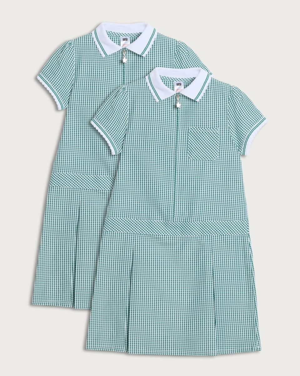 F&F School Girls 2-Pack Gingham Short Sleeved Dresses in Green