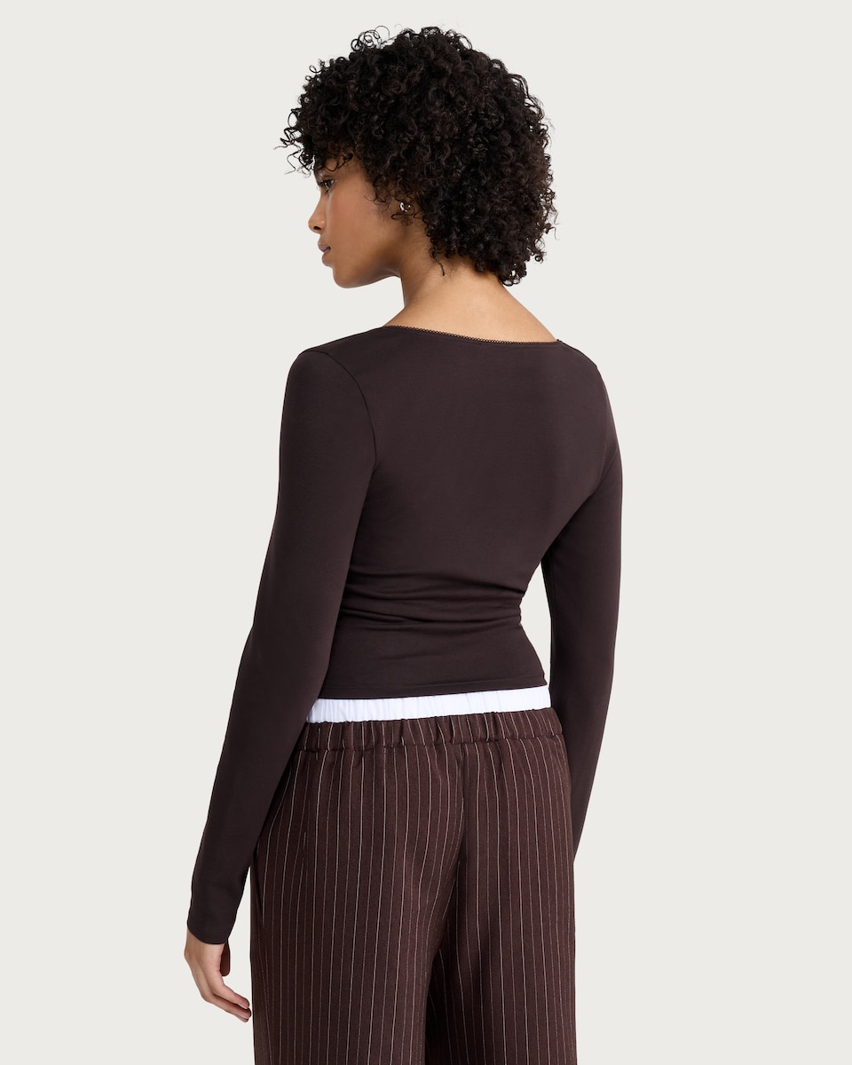 image 1 of OH ME OH MY Cotton Rich Ruched Side Long Sleeved Top in Chocolate