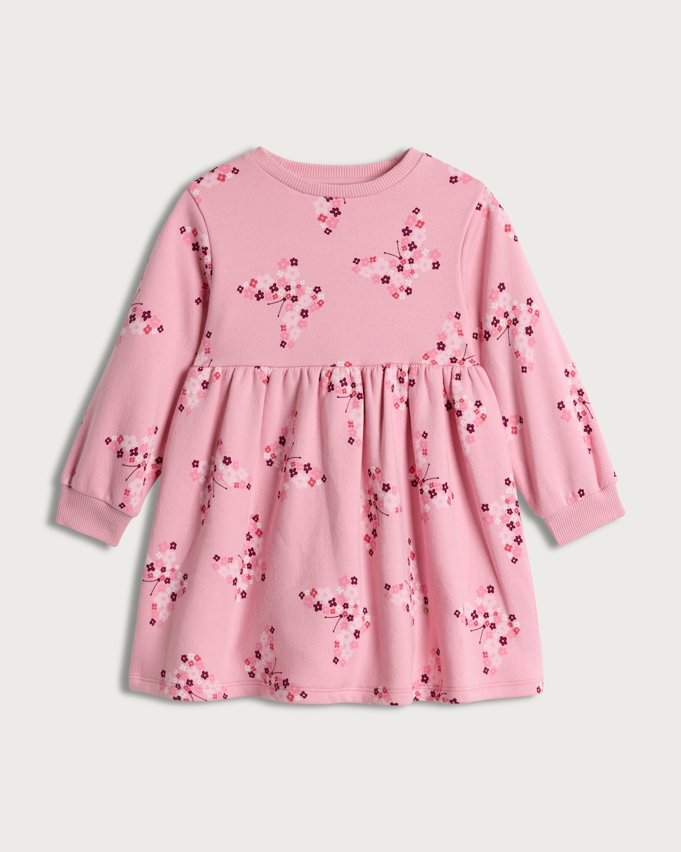 image 1 of F&F Girls Cotton Rich Butterfly Print Long Sleeved Sweat Dress in Multi Pink