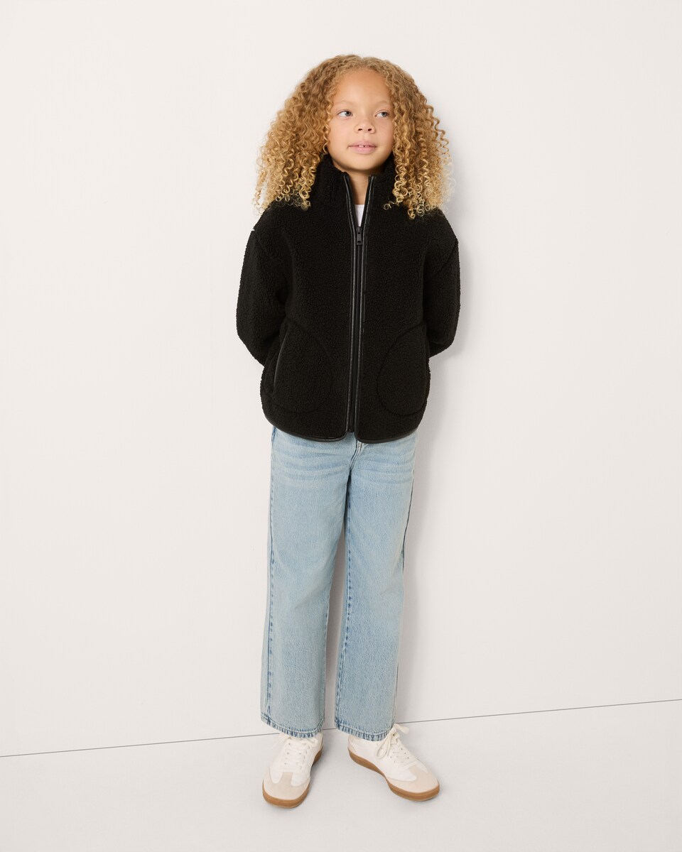 image 1 of F&F Girls Borg Zip Up Jacket in Black
