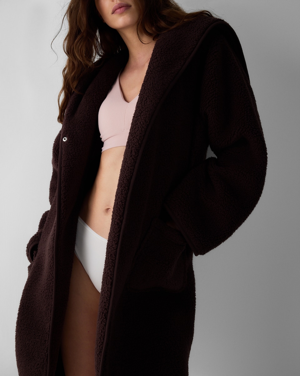 image 1 of F&F Fleece Hooded Cardigan in Chocolate