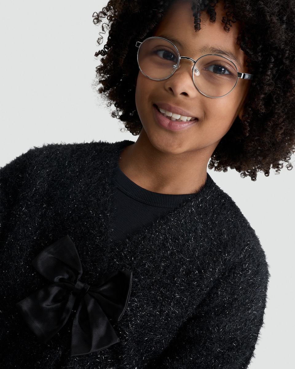 image 1 of F&F Girls Fluffy Bow Detail Cardigan in Black