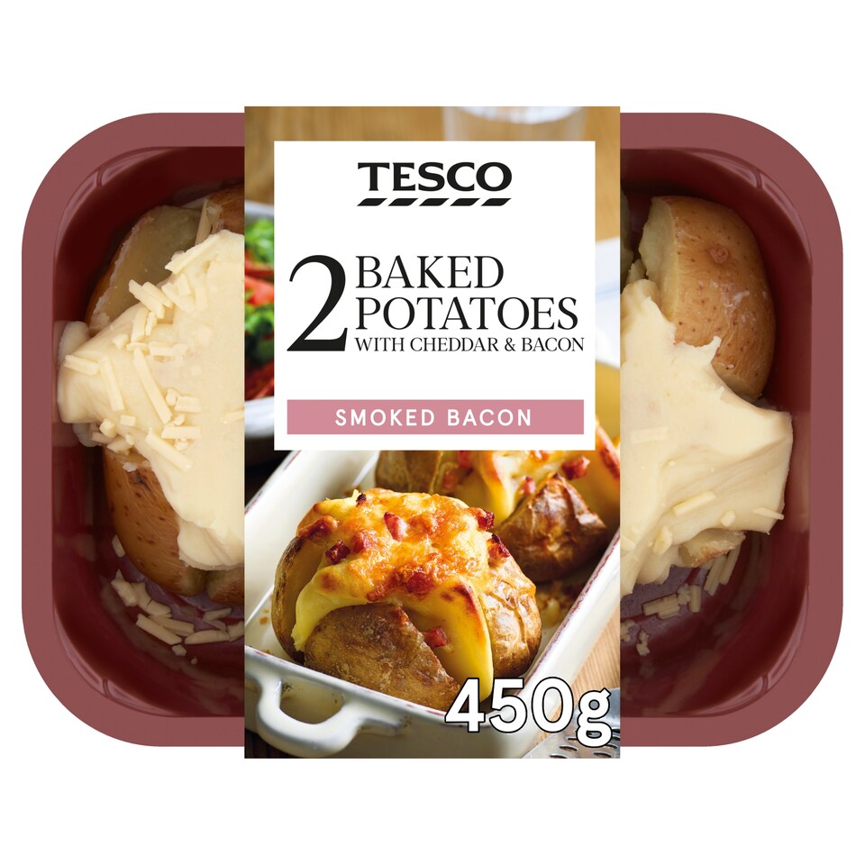 Tesco 2 Baked Potatoes With Cheese & Bacon 450G