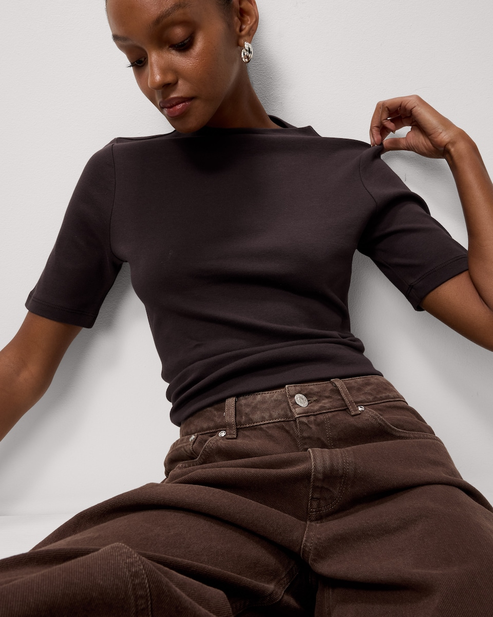 image 1 of F&F Pure Cotton Slash Neck Top in Chocolate
