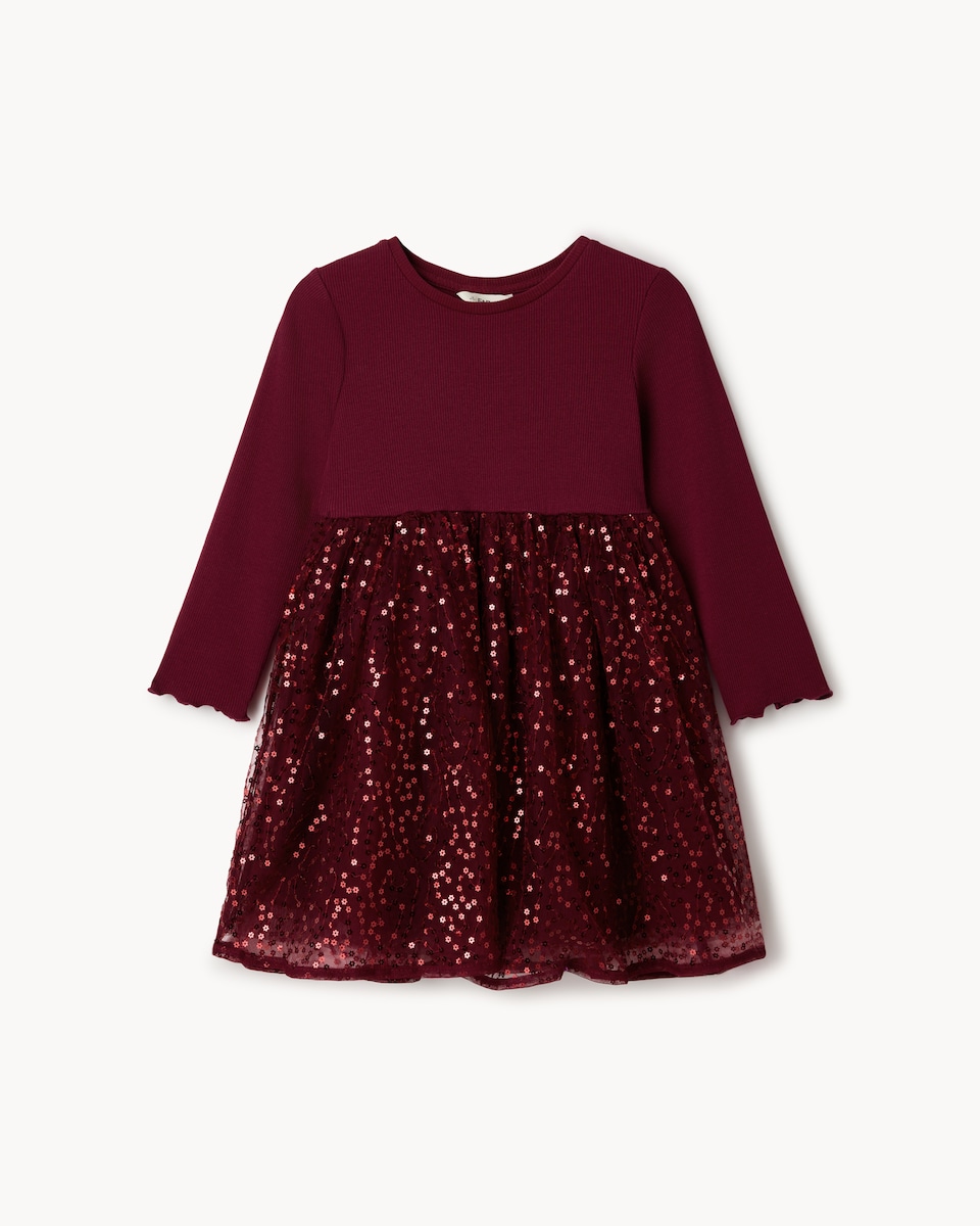 image 1 of F&F Girls Sequin Tulle Dress in Burgundy
