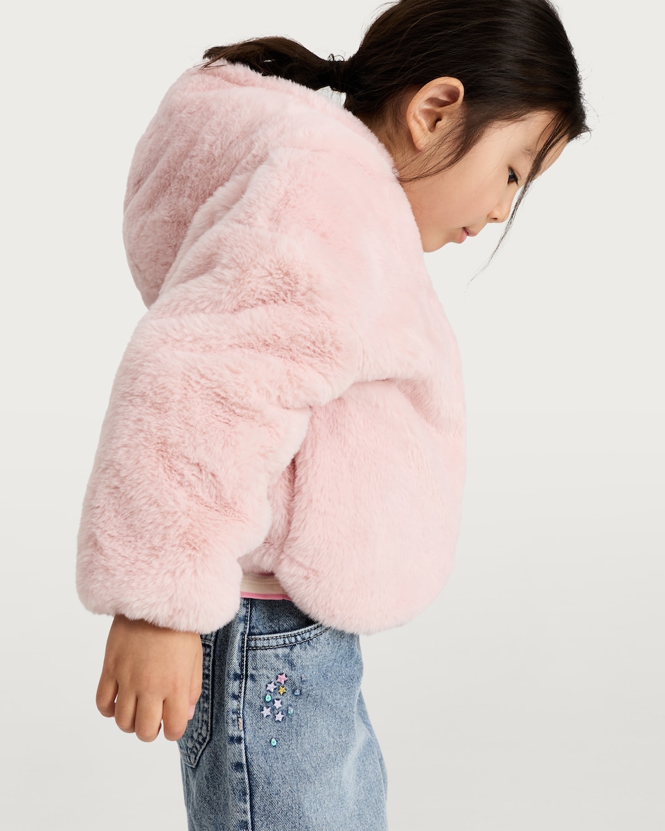 image 1 of F&F Girls Faux Fur Hooded Jacket in Pink