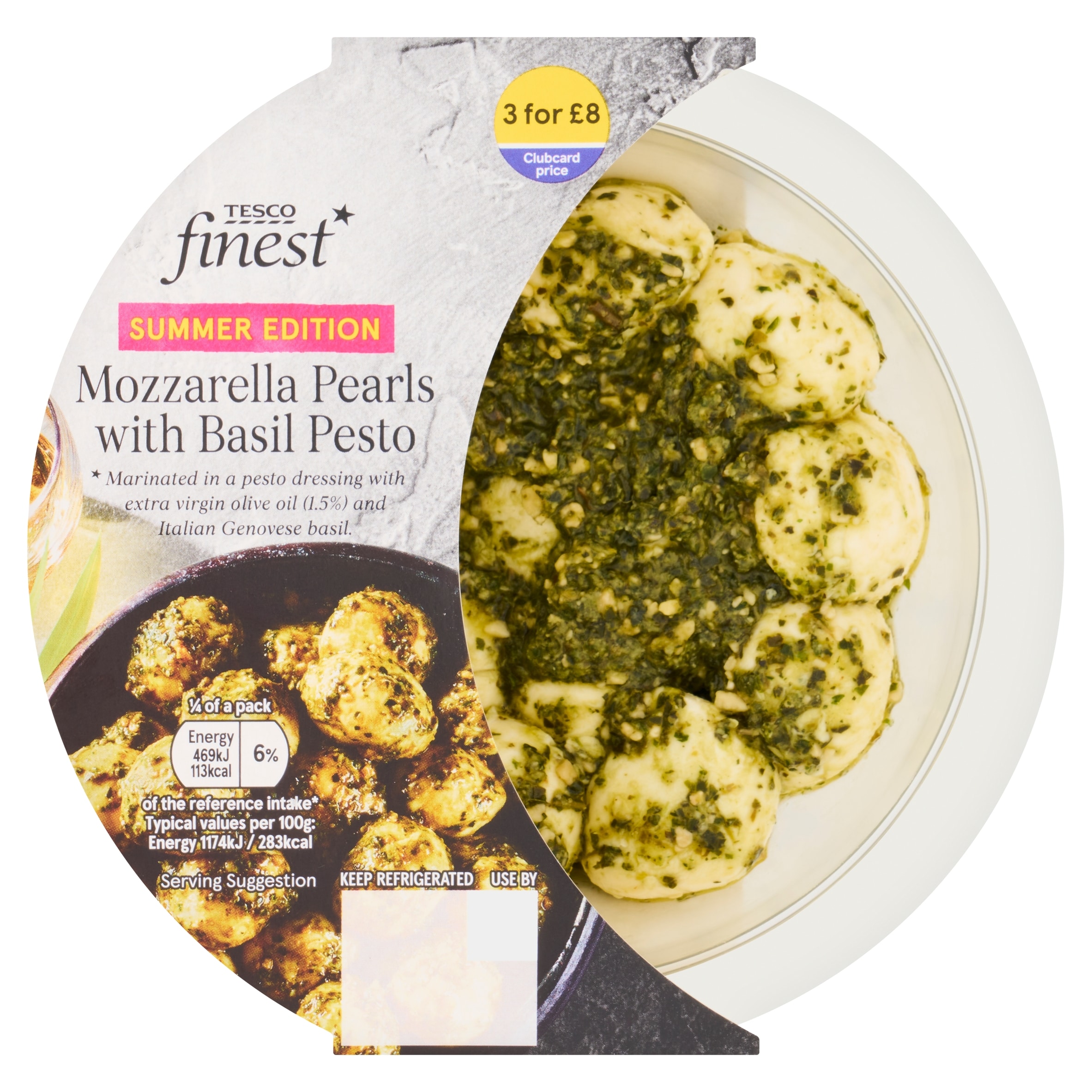 Tesco Finest Mozzarella Pearls with Basil Pesto 160g