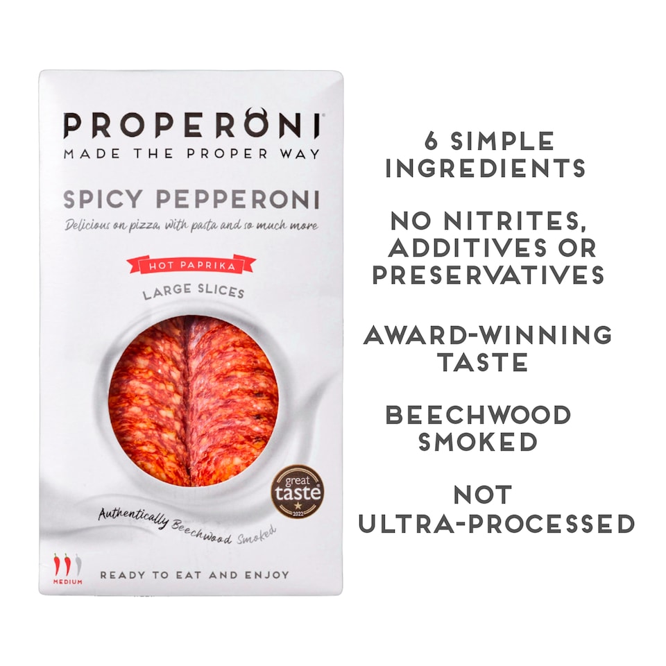 image 1 of Properoni Spicy Hot Paprika Large Sliced Pepperoni 80g