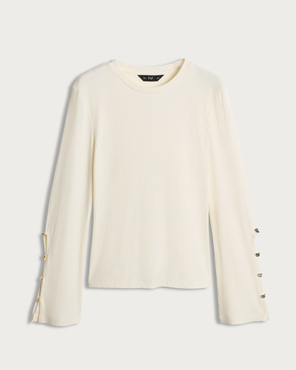 image 1 of F&F Ribbed Long Sleeved Button Accent Top in Cream