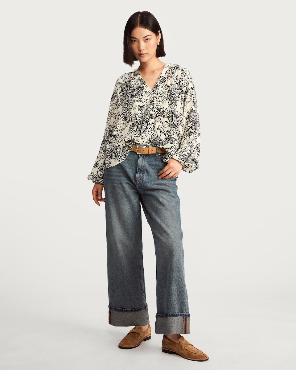 image 1 of F&F Paisley Print V Neck Blouse in Multi Black White