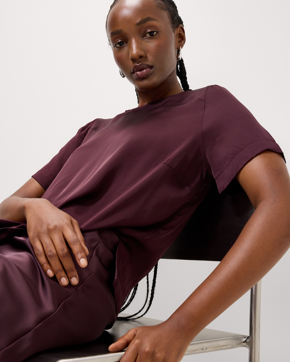 image 1 of F&F Satin Short Sleeved Top in Burgundy